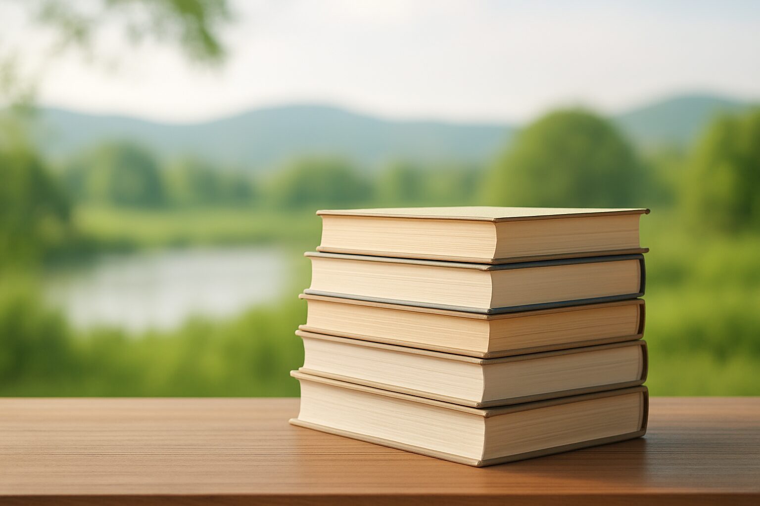 A stack of closed books on a wooden table with a blurred natural background